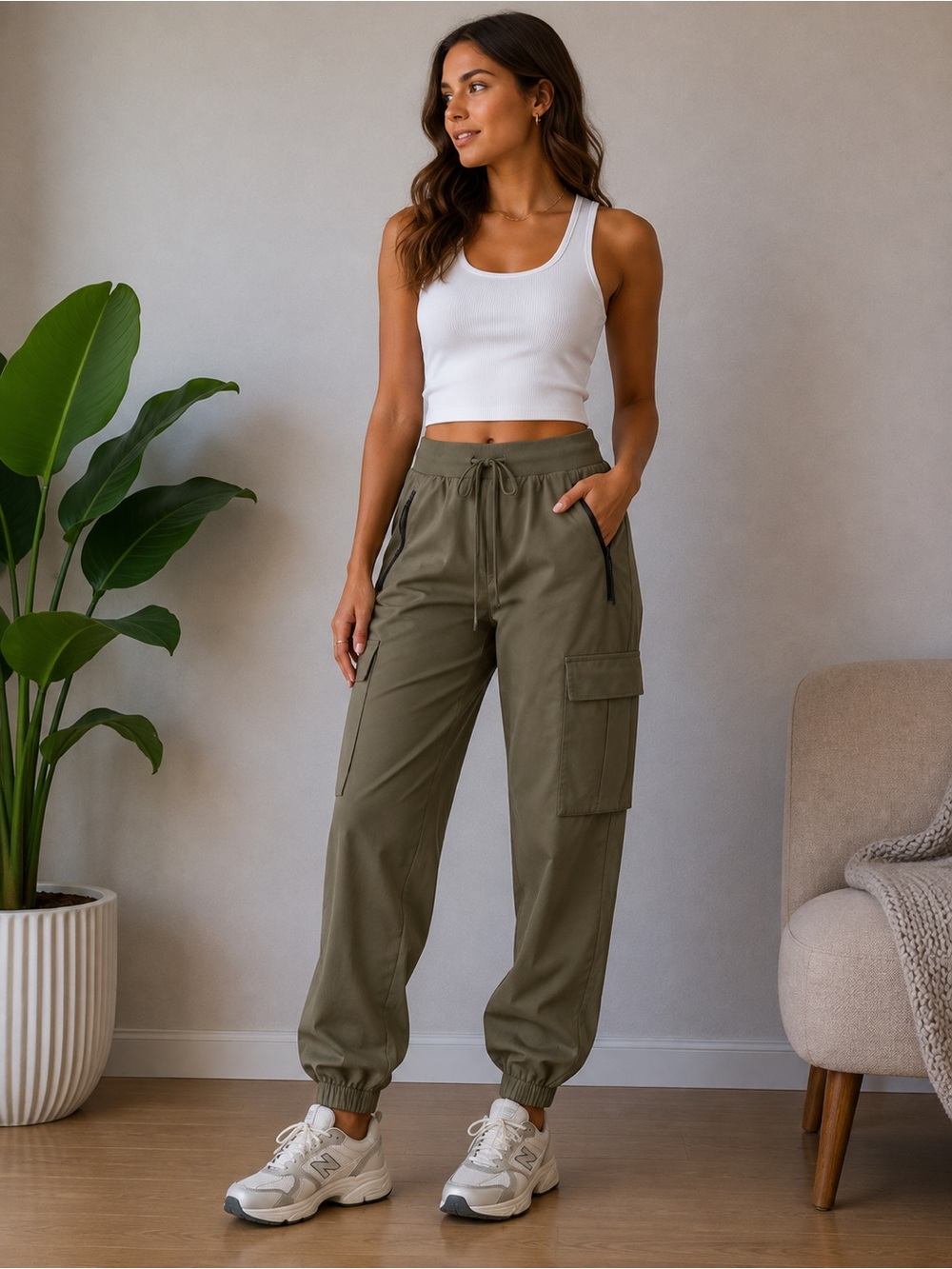 Libian Olive Utility Cargo Jogger Pants